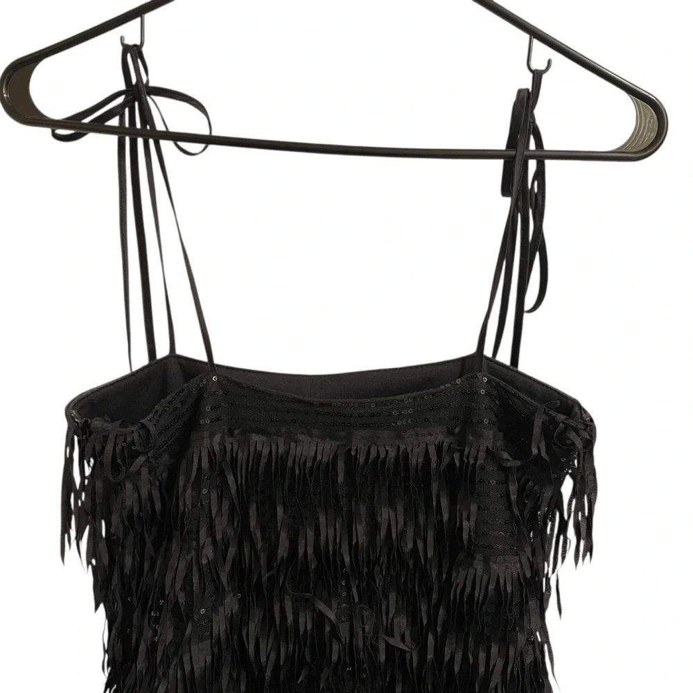 Zara Black Sequined Fringed Spaghetti Strap Mini Dress Lined Black Size Small
